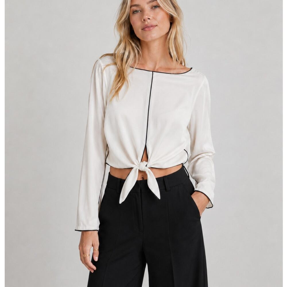Babaton Aritzia White Silky Tie Front Cropped Blouse Womens XS Preppy Classic